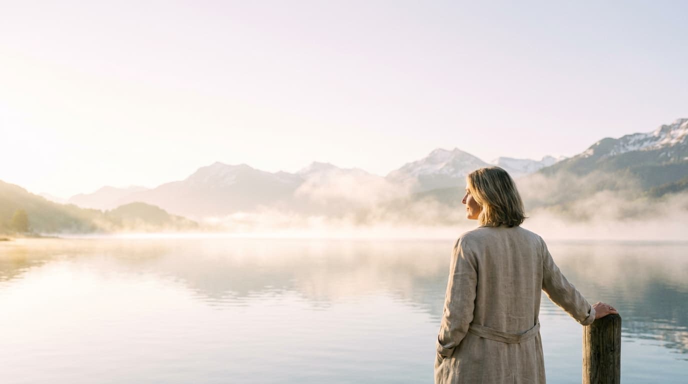 Frau an einem ruhigen Schweizer Seeufer im Morgenlicht